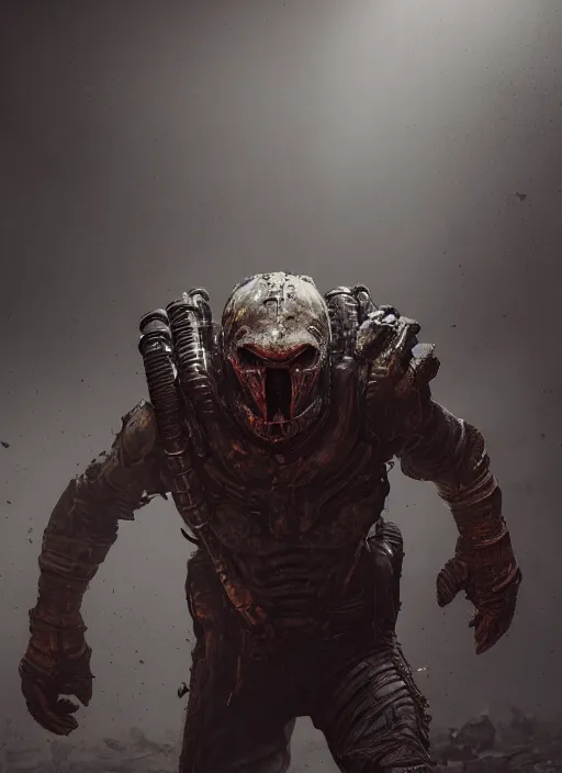 Image similar to a photorealistic dramatic hyperrealistic render of predator the alien hunter, ultra realistic details, well worn, rust, oil stains designed by vitaly bulgarov and mike nash, beautiful dramatic dark moody tones and lighting, cinematic atmosphere, studio lighting, global illumination, shadows, dark background, octane render, 8 k