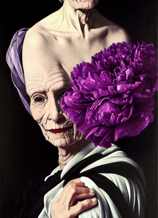 Image similar to portrait of a old year woman with a headscarf a dress of bones and many peonies snake smoke, purple colour scheme, full length, masterpiece, dark background, art by caravaggio, artstation