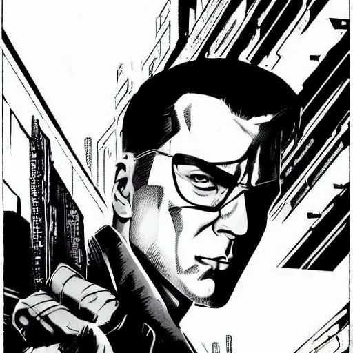 Prompt: a cyberpunk mafia boss with slicked back hair, in a cyberpunk setting, comic book art, cyberpunk, art by stan lee, pen drawing, inked, black and white, dark, moody, dramatic, deep shadows, marvel comics, dc comics