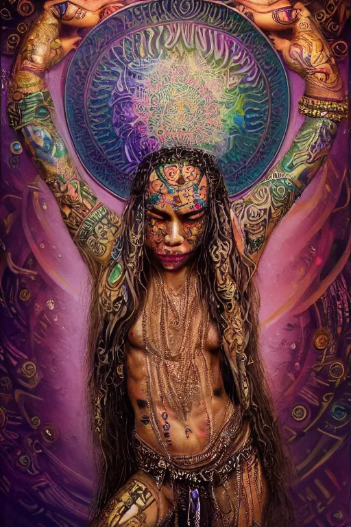 Prompt: a centered render of an mytical festival hippy with tribal tattoos wearing intricate metallic clothing surrounded by a underwater ink pour and flowing liquid gallium and sacred geometry, perfect body and face, gorgeous, cinematic, beautifully lit, by tim okamura, by karol bak, by donato giancola, 3 d, trending on artstation, octane render, 8 k