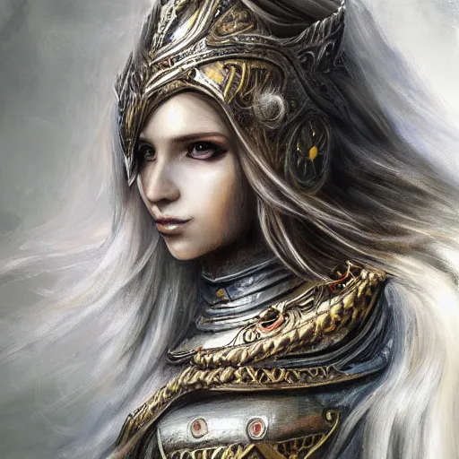 Image similar to portrait of long haired blonde woman, ornate armour, fantasy, painterly, ethereal, trending on art station