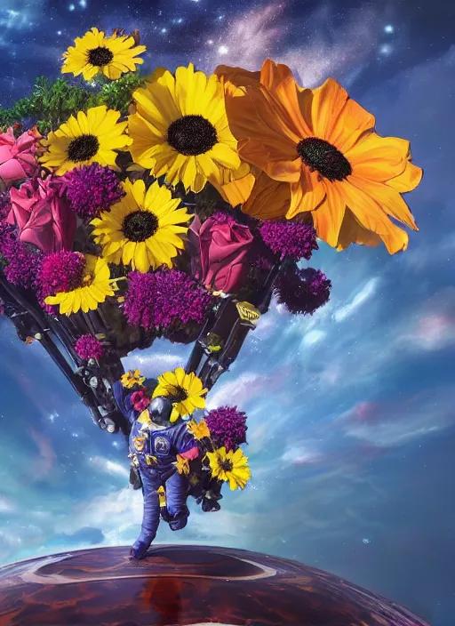 Image similar to An epic fantastic realism comic book style painting of the most beautiful flowers launched into space, bouquets, solar eclipse, fisheye, unreal 5, DAZ, hyperrealistic, octane render, dynamic lighting