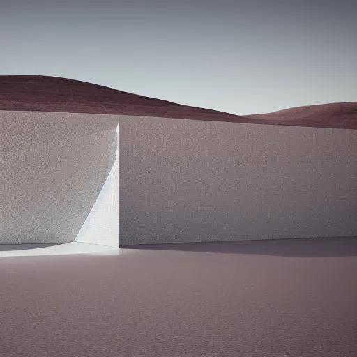 Image similar to a photograph of a futuristic architectural white shape, clean, simple surfaces : : architecture, product design, automotive design : : 3 d render, digital illustration, photorealism, raytracing, realistic lighting : : near a lake, on a desert