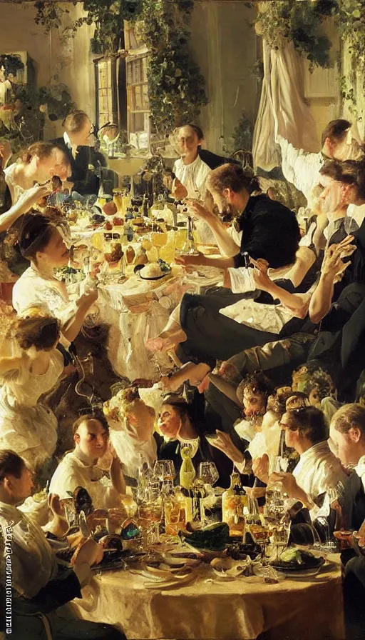 Image similar to still life painting of no-gravity midsummer party, by Peder Krøyer, golden hour, dramatic lighting, epic, gargantuan, intricate detail, canvas print