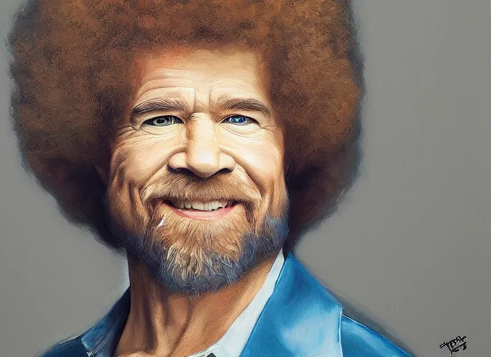 Prompt: a hyper-detailed oil portrait of Bob Ross; an extraordinary masterpiece!!!; flawless; proud posture; photorealistic eyes; trending on artstation; f/1.4; 90mm