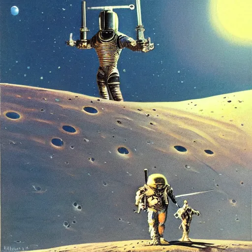 Prompt: crusader knight standing on the moon, vintage sci - fi art, by bruce pennington