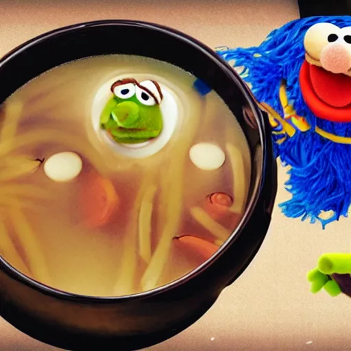 Prompt: muppets swimming in noodle soup