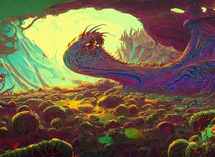 Image similar to psychedelic concept art of a spiraling alien landscape made of fungus and dragons, cel shaded, in the style of makoto shinkai and moebius and peter mohrbacher and anton fadeev