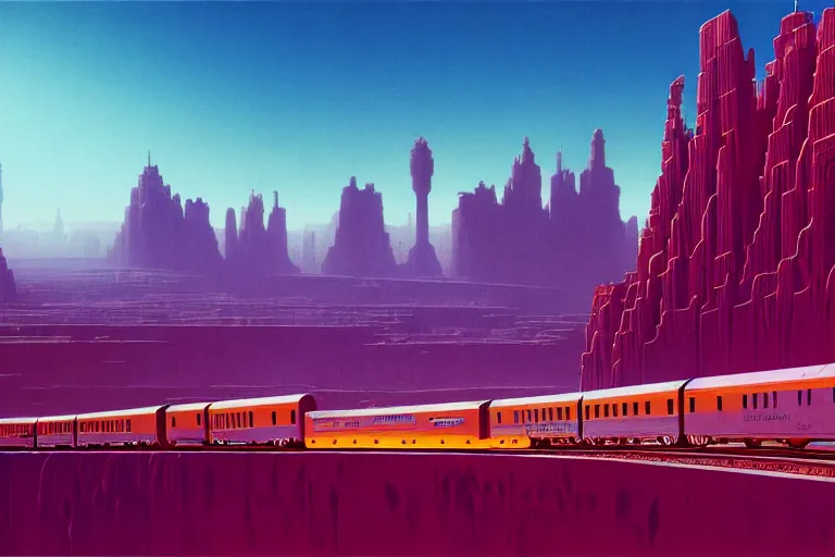 Prompt: a city on huge train tracks traveling through the desert, futuristic, fantasy, intricate, elegant, dramatic lighting, highly detailed, lifelike, photorealistic, artstation, concept art, smooth, sharp focus, illustration, art by syd mead and beksinski and john blanche and paul dainton