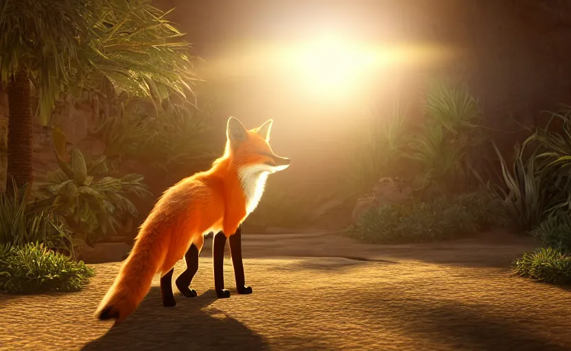 Prompt: a fox in a dessert oasis. daylight. sunlight. lens flare. light fixtures. apunkalypse. 8K. detailed. photorealism. artstation. 35mm. ultra realistic