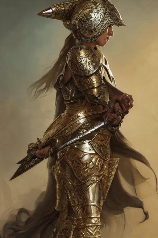 Image similar to attractive young female wielding an ancient sword, ornate metallic helmet, battle armor, olive skin, long dark hair, beautiful bone structure, intricate, elegant, highly detailed, digital painting, artstation, concept art, smooth, sharp focus, illustration, art by artgerm and greg rutkowski and alphonse mucha