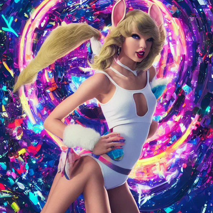 Image similar to portrait of Taylor Swift as Lola Bunny in Space Jam 1996. bunny ears. intricate abstract. intricate artwork. by Tooth Wu, wlop, beeple, dan mumford. octane render, trending on artstation, greg rutkowski very coherent symmetrical artwork. cinematic, hyper realism, high detail, octane render, 8k, iridescent accents