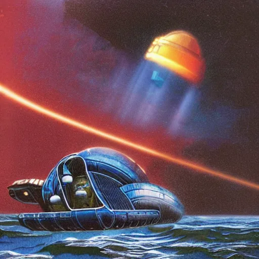 Prompt: big weird spaceship at the bottom of the ocean, chris foss, peter elson, angus mckie, terran trade authority