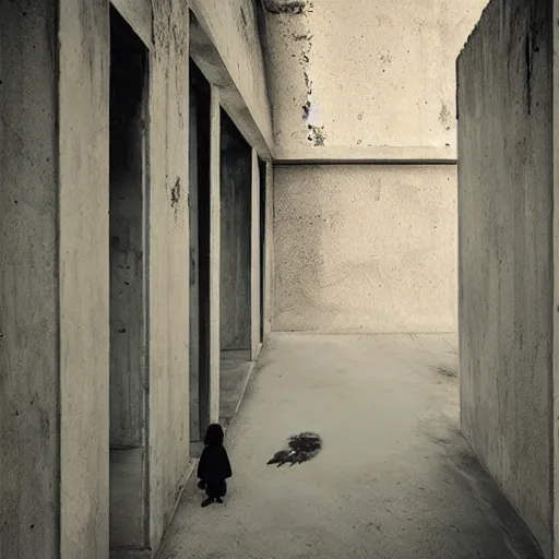 Prompt: concrete corridor with ghost in the end, dark, moody, by Zhang Kechun