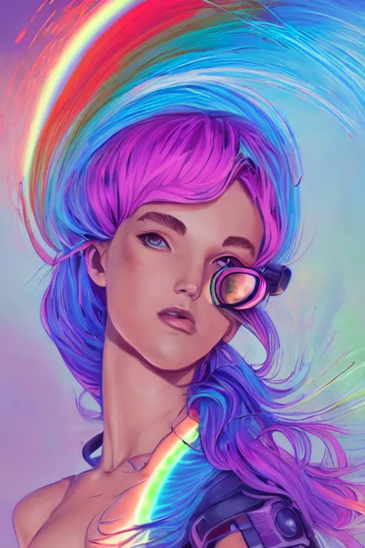 Image similar to a award winning full body portrait of a beautiful woman with stunning eyes in a one off shoulder croptop and cargo pants with rainbow colored hair, outlined by whirling illuminated neon lines and fine lines swirling in circles by jesper ejsing and rhads and makoto and shinkai and lois van baarle, digital art, trending on artstation