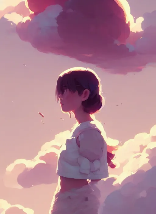 Image similar to portrait of cute maiden girl cowered, cloud sky background, by atey ghailan, by greg rutkowski, by greg tocchini, by james gilleard, by joe gb fenton, by kaethe butcher, dynamic lighting, gradient light blue, brown, blonde cream and white color in scheme, grunge aesthetic