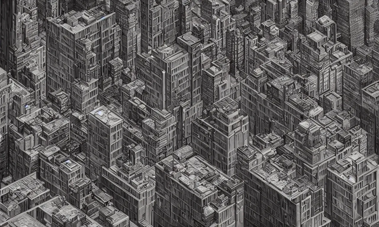 Image similar to A hyper real comic book style portait painting of downtown los angeles in the style of MC Escher, Maurits Cornelius Escher, unreal 5, hyperrealistic, octane render, cosplay, RPG portrait, dynamic lighting