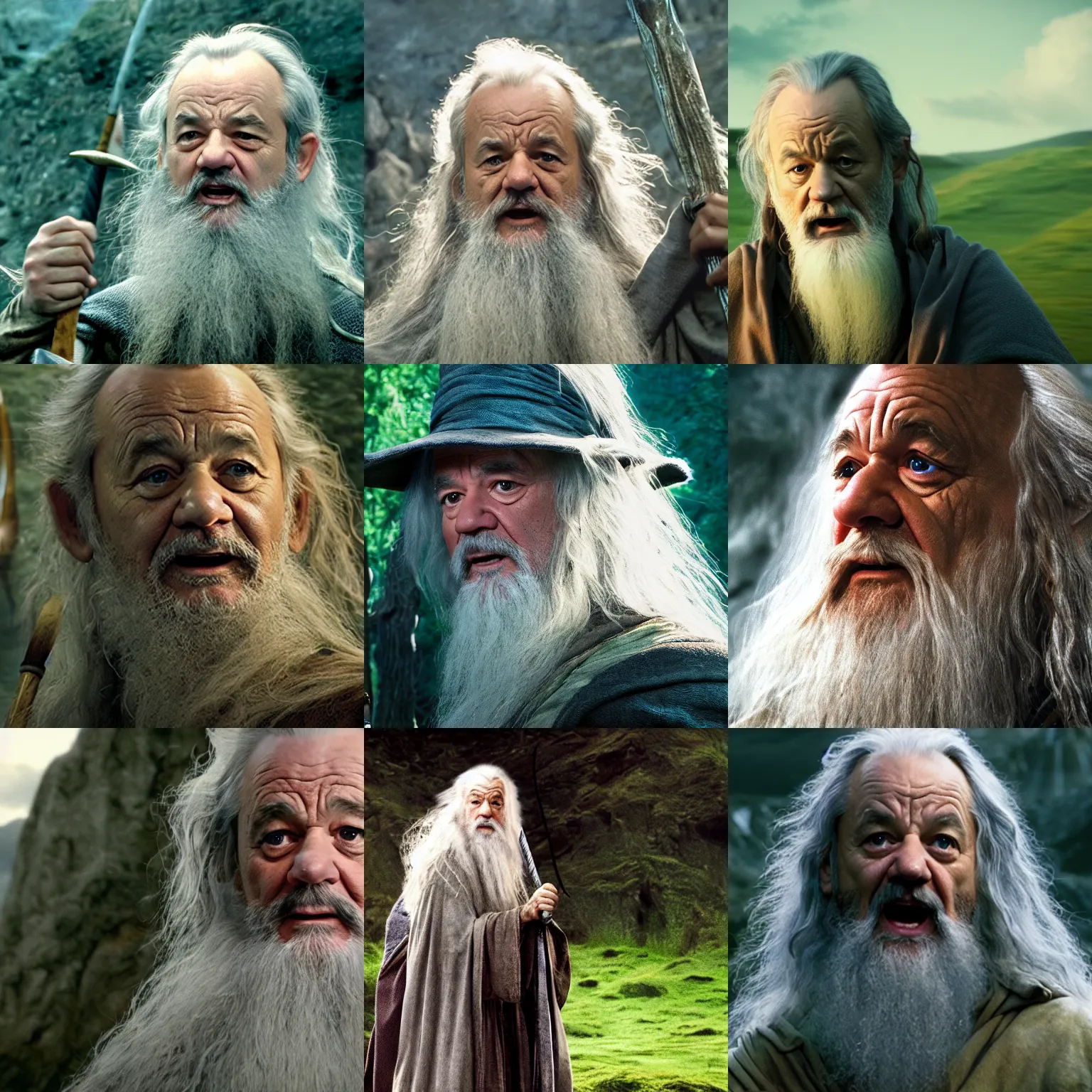 Image similar to bill murray as a gandalf in lord of the rings, 4 k movie screen capture, post processed, uhd, hdr.