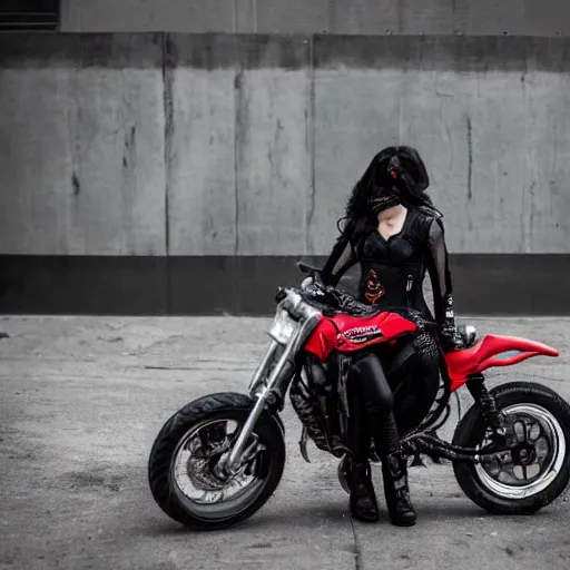 Image similar to a girl dressed in cyberpunk gear sits on a motorbike in a dystopian landscape, 5 0 mm lens, f 1. 4, sharp focus, ethereal, emotionally evoking, head in focus, volumetric lighting, blur dreamy outdoor,