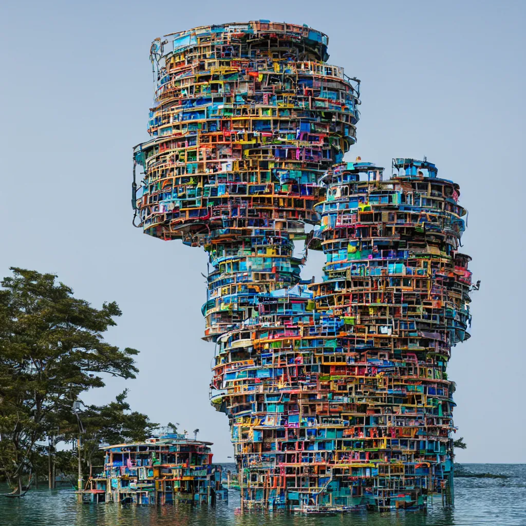 Prompt: a circular tower, made up of colourful makeshift squatter shacks suspended over water, dystopia, sony a 7 r 3, f 1 1, fully frontal view, ultra detailed, photographed by hiroshi sugimoto,