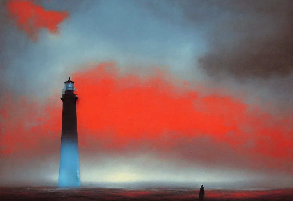 Image similar to ! dream landscape oil painting of a pure black lighthouse emitting blue light, dynamic lighting, sad black and red sky with blue clouds, hopeless emotions, by beksinski, sharp focus, artstation hq