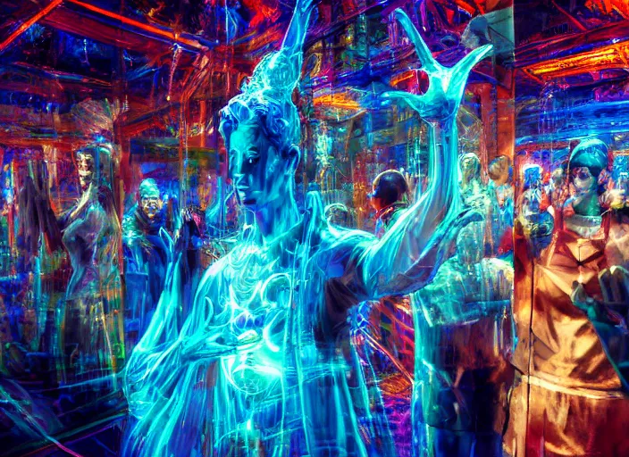 Image similar to cinematic shot cyberspace people of creativity, large translucent art statues, magic art flowing from hands, hyper realistic, mood lighting, fantasy, detailed happy people creators of collective art, hands in the air, diverse big art, highly detailed, super realistic, perfect lighting pixel sorting