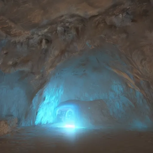 Image similar to a large translucent skull blocking the entrance to a cave emanating a blue glow, subsurface scattering, volumetric lighting, rendered in unreal engine, 3 d volumetric light, caustic reflection, adventure mystery cave