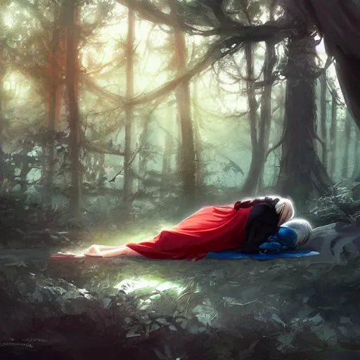 Image similar to girl sorcerer with white hair in a hairbun, wearing a black tshirt, wearing a subtle red scarf, and wearing blue jean. she is laying down sleeping, in a forest landscape. digital art, environment concept art, by rossdraws, ghibli, art by greg rutkowski