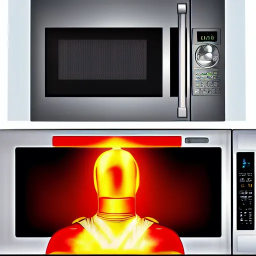 Image similar to superhero with the head of a microwave, 4k realistic photo