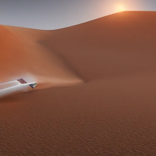 Prompt: a highly detailed digital image of a rocket collapsing into a sand dune incredibly lifelike sand splashing by Andrew Chiampo, artstation, and Frederik Heyman, extremely detailed sand, stunning volumetric lighting, hyper realism, fantasy 4k, 8k,