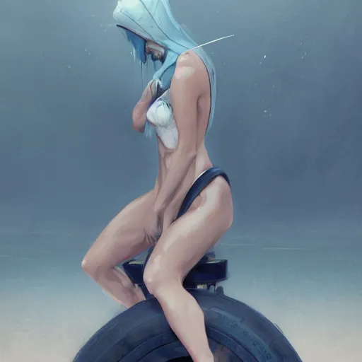 Image similar to concept art of a woman on a wood board suspended around a slick tyre in saint - martin lagoon, by aenaluck, artgerm and roberto ferri and greg rutkowski, blue and white tones, digital painting, artstation, concept art, smooth, sharp foccus ilustration hq - h 7 6 8