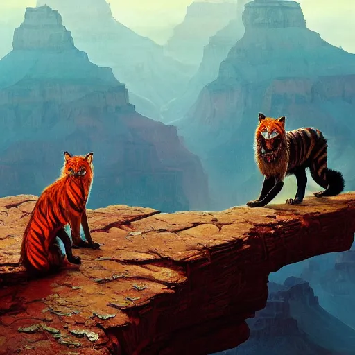 Image similar to Red Tiger Tiger Fox Beast Chimera Hybrid collar wearing feather crest paws tail eyes furry fuzzy standing atop grand canyon greg rutkowski greg danton tony sart raymond swanland chris foss chris cold christophe norman rockwell young acrylic 4k artstation wikiart wikipedia realism tilt-shift aspca national geographic