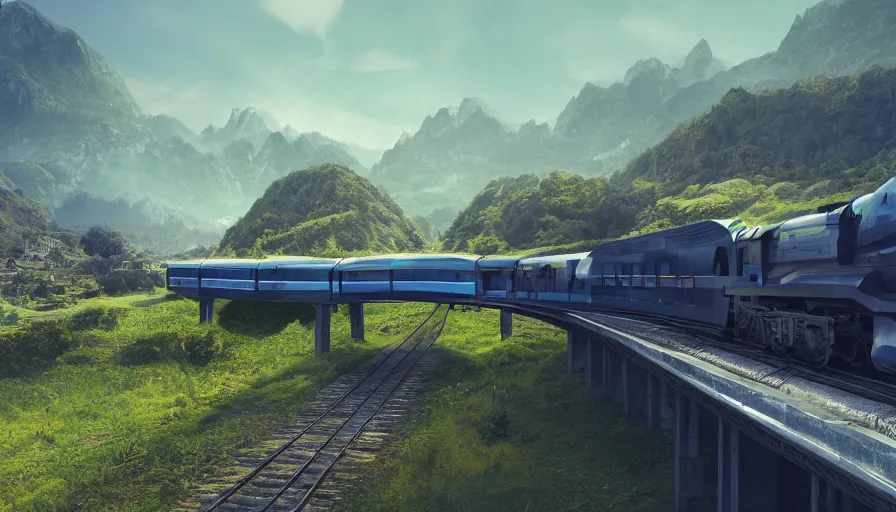 Image similar to futuristic train driving through valley, green hills, matte painting, artstation, sunrise, blue sky