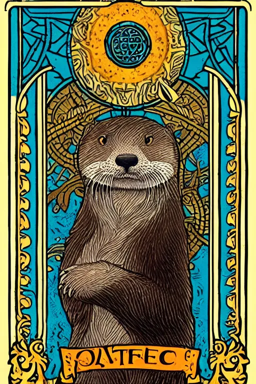 Image similar to tarot card illustration depicting an otter on the card tepmerance, framed in an elaborate line border, tarot card, detailed illustration, otter, furry art, artstation, 4 k