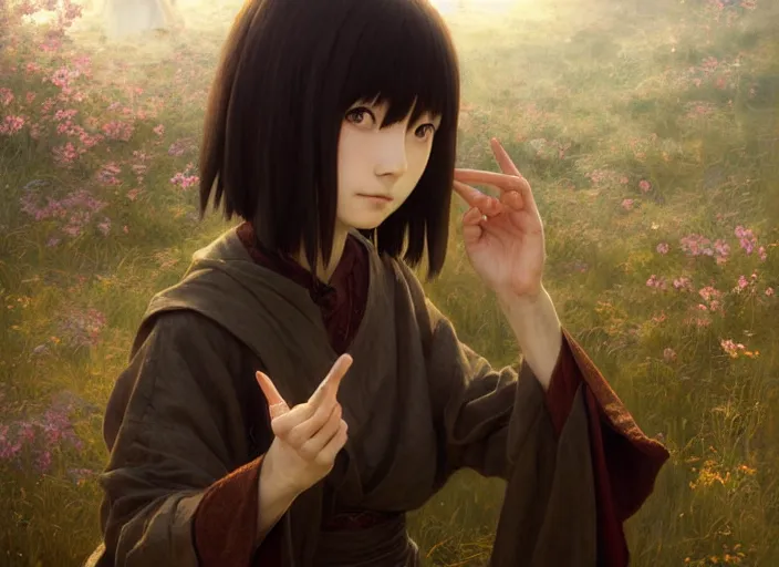 Prompt: lain iwakura from serial experiments lain as medieval peasant in spring wonderful masterpiece highly detailed scifi, beautiful cinematic light deep focus, elegant, digital painting, smooth, sharp focus, golden ratio, dramatic illumination, ultra realistic, 4 k, art by greg rutkowski wlop rossdraws detailed fingers