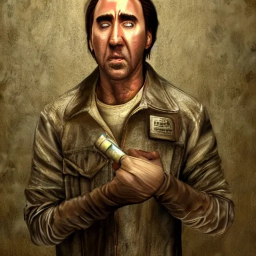 Image similar to nicolas cage hiding behind a corner holding a pipe in silent hill, ultra realistic, highly detailed, trending on artstation