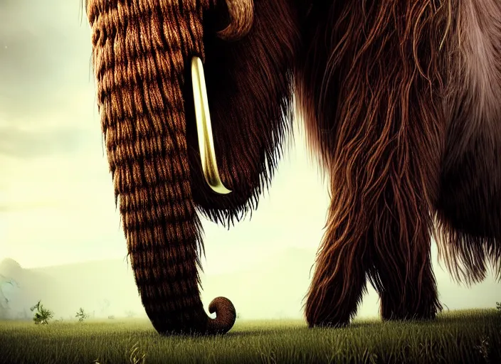 Image similar to hyperrealism, detailed textures, photorealistic, 3 d render, a surreal mystical wooly mammoth grazing, ultra realistic cinematic, intricate, cinematic light, concept art, illustration, art station, unreal engine