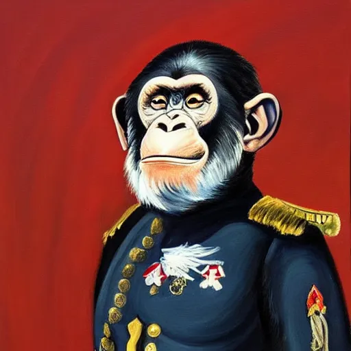 Image similar to An exquisite modern painting of a chimpanzee dressed like a bearded Napoleon with correct military uniform, no frames