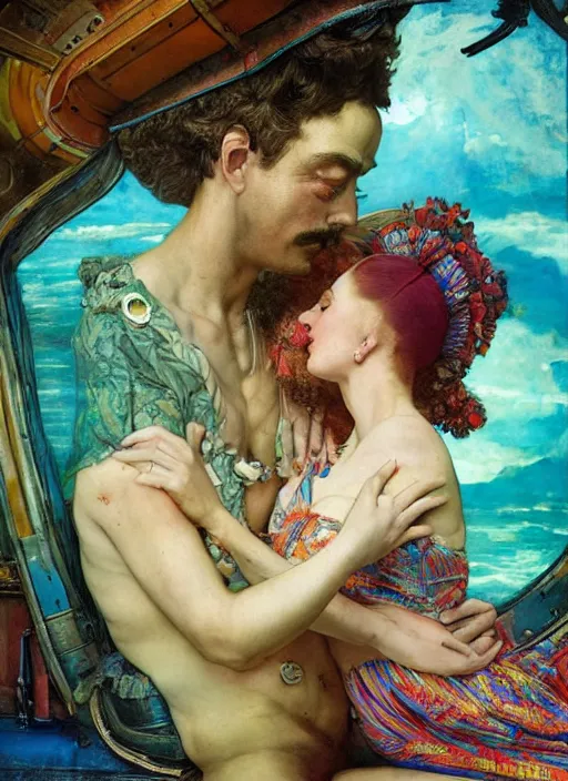 Prompt: detailed colourful masterpiece of photography couple portrait sat down extreme closeup, inside an underwater train, detailed realistic expressions, wearing unusual clothes, by ford madox brown and william powell frith and moebius and kilian eng and and frederic leighton and john william waterhouse and greg hildebrandt