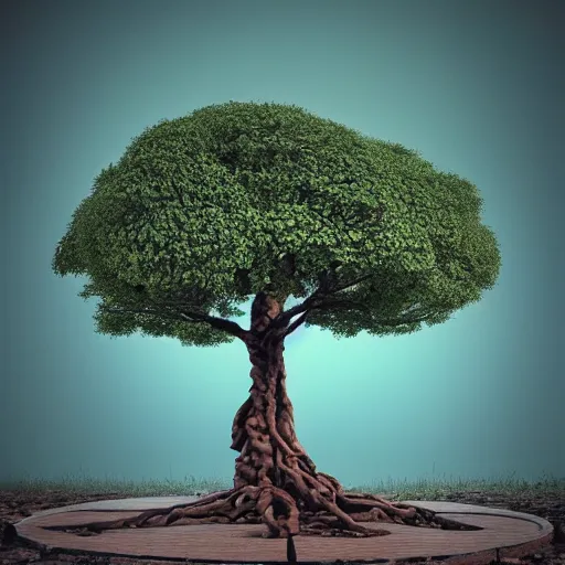 Image similar to soul tree of the earth, perfect symmetry, left side chaos, right side serenity, circular base surrounding grand tree, cinematic, ultrarealistic, intricate detail, finely detailed, small details, extra detail, high resolution, 3D, volumetric lighting, octane render, 8k, ultradetailed, photorealistic,