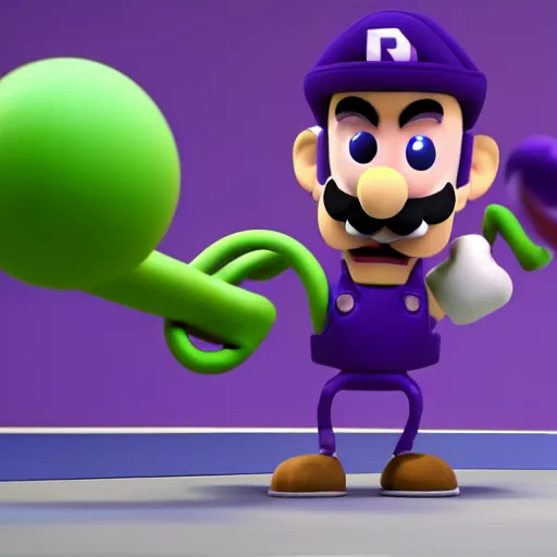 Image similar to waluigi on the gym, claymation, 8 k, hyperdetalied, cgsociety,