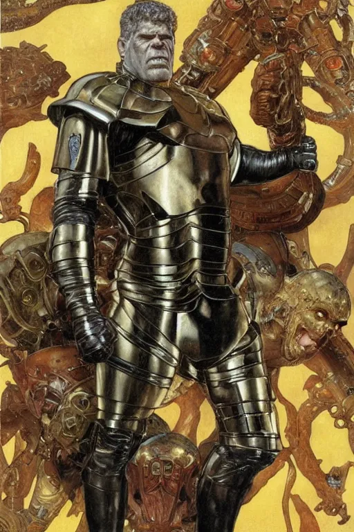 Prompt: full length portrait of massive hulking ron perlman as marvel colossus wearing chrome body armour by lawrence alma tadema, rick berry, norman rockwell, jason fabok. greg staples, nc wyeth, jack kirby, tom lovell