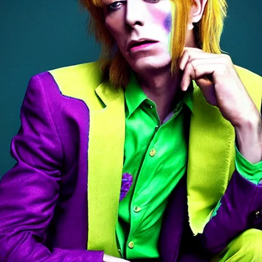 Image similar to a photo of blond david bowie in purple jacket and light-green shirt in style of Kira Yoshikage
