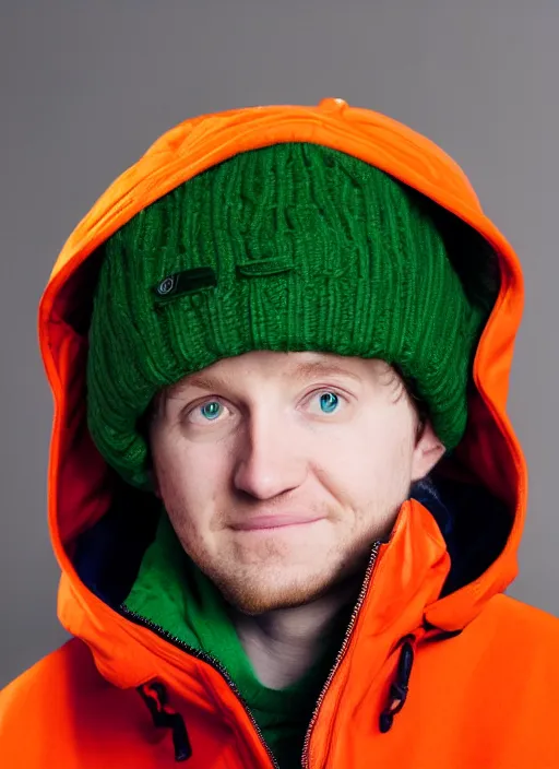 Prompt: portrait photo still of real life kyle broflovski wearing an orange jacket and green hat, 8 k, 8 5 mm, f. 1 4