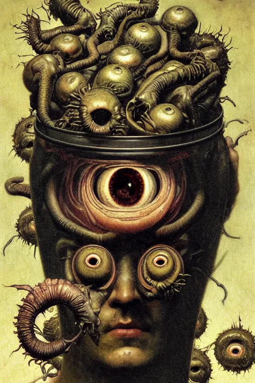 Prompt: portrait of a jar of eyeballs in the style of wayne barlowe, gustav moreau, goward, bussiere, roberto ferri, santiago caruso, luis ricardo falero, austin osman spare