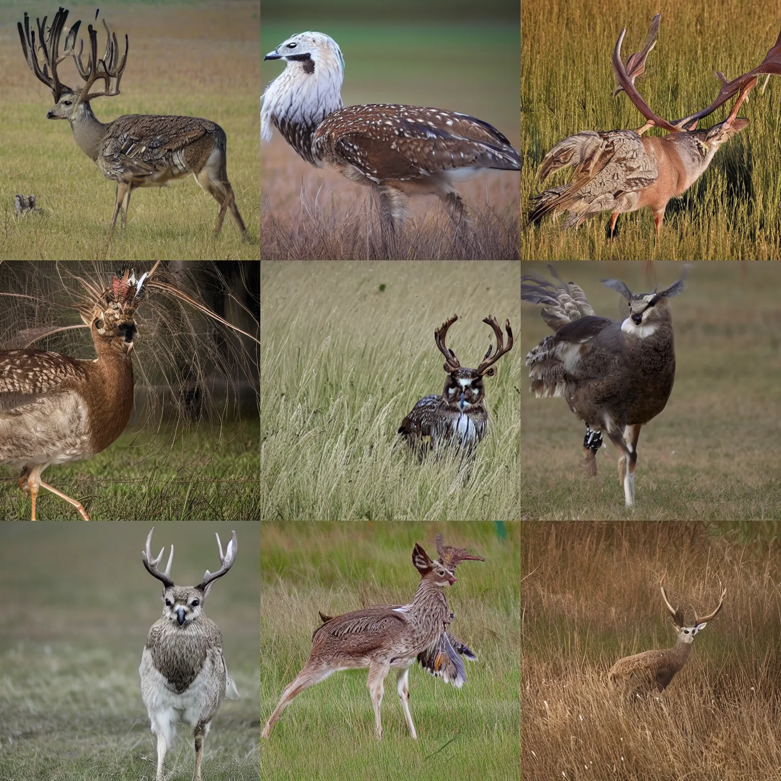 Prompt: a feathered deer with bird feathers as fur, owl feathers, full size deer antlers, nat geo, national geographic, photo, nature photography, f16, telephoto zoom, 100mm, wide shot, walking on grass, clear, family, grazing