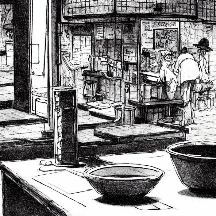 Image similar to close - up on poor quality food, water, and gruel : on a table. background : insterior of a dirty automated kiosk, black tiles on walls. black and white, pencil and ink. by gabriel hardman, joe alves, chris bonura. cinematic atmosphere, detailed and intricate, perfect anatomy