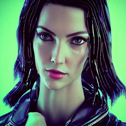 Prompt: stylish woman cartoon portrait made out of rain, leather jacket, cyberpunk background, rendered in octane, unreal engine, highly detailed, trending on artstation, realistic, splashes of neon, beautiful