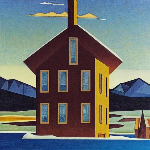 Prompt: a building in a stunning landscape by Lawren Harris