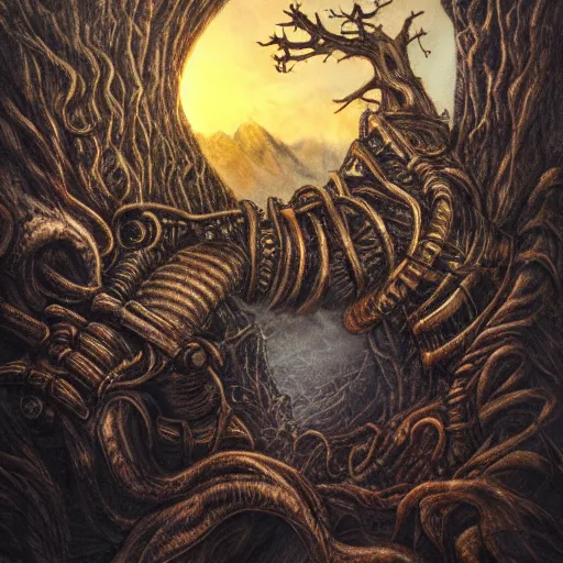 Prompt: steampunk ent from lord of the rings, nautilus, realistic, high detail, dark, natural mountainous background with setting sun, smoke in sky